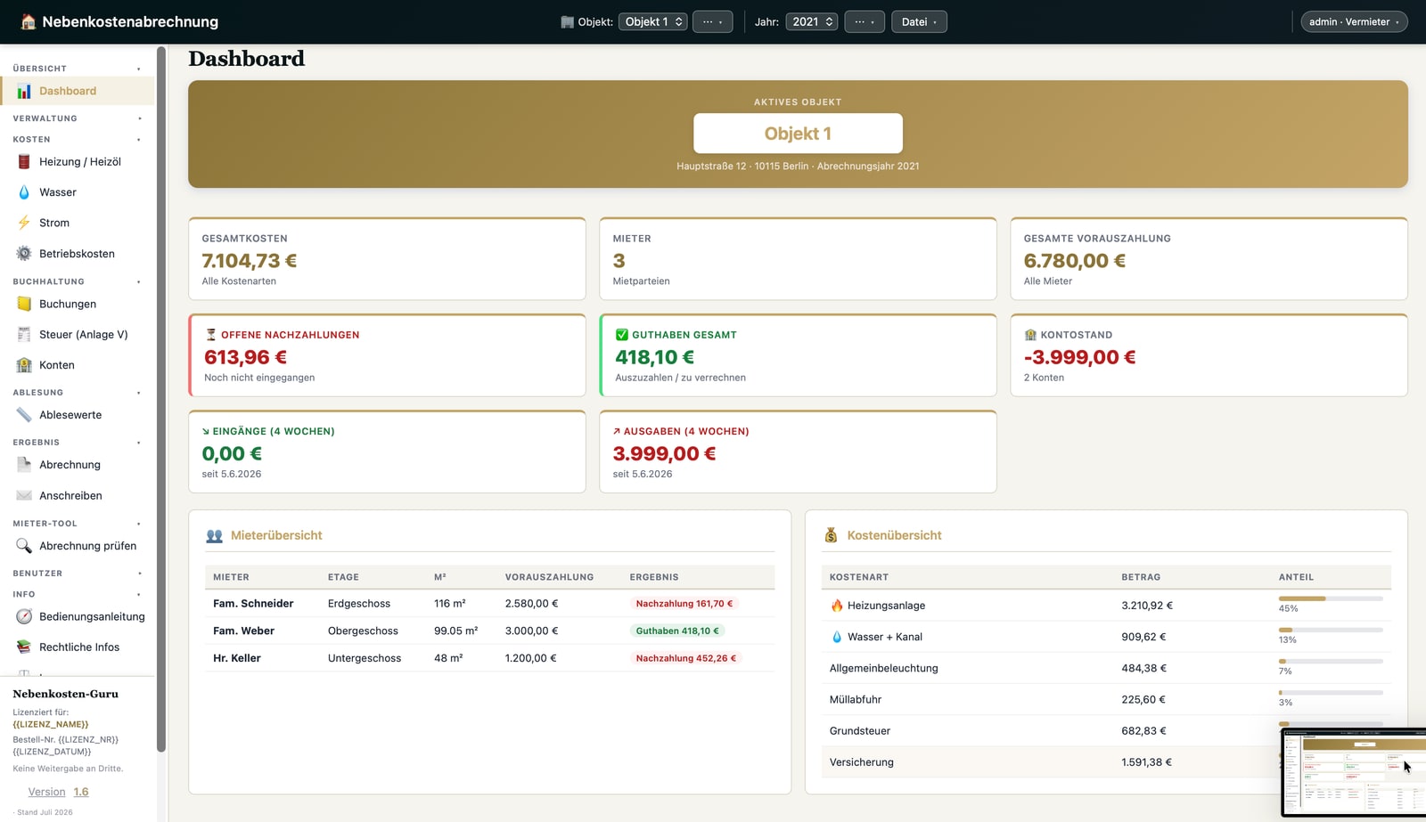 Dashboard mit Objekt, Kosten und Ergebnis